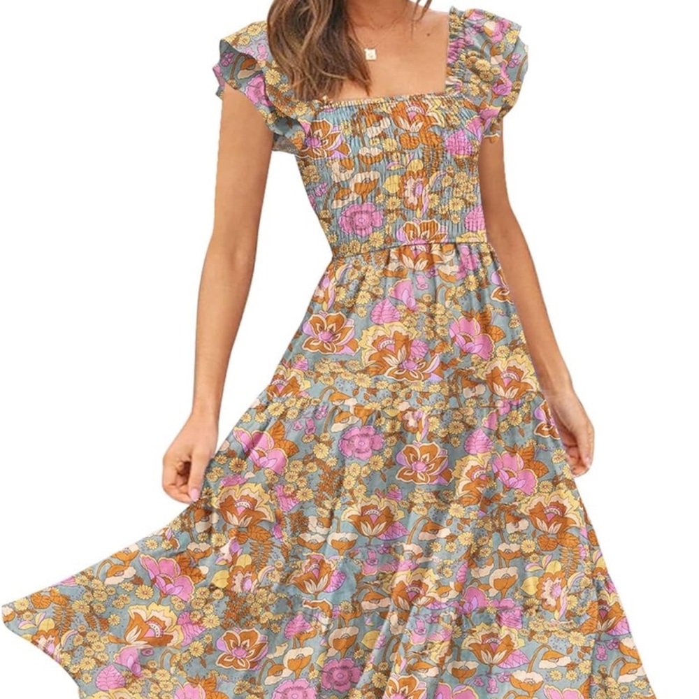 DOROSE Women's Summer Floral Dress Smocked Boho Midi Dress Ruffle Tie Back Small
